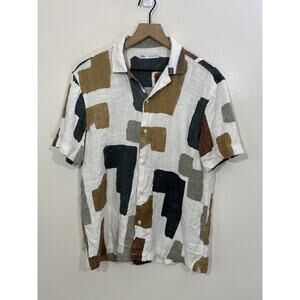 90s Shirt L Linen Blend Abstract Print Coastal Resort Camp Vacation Rockabilly